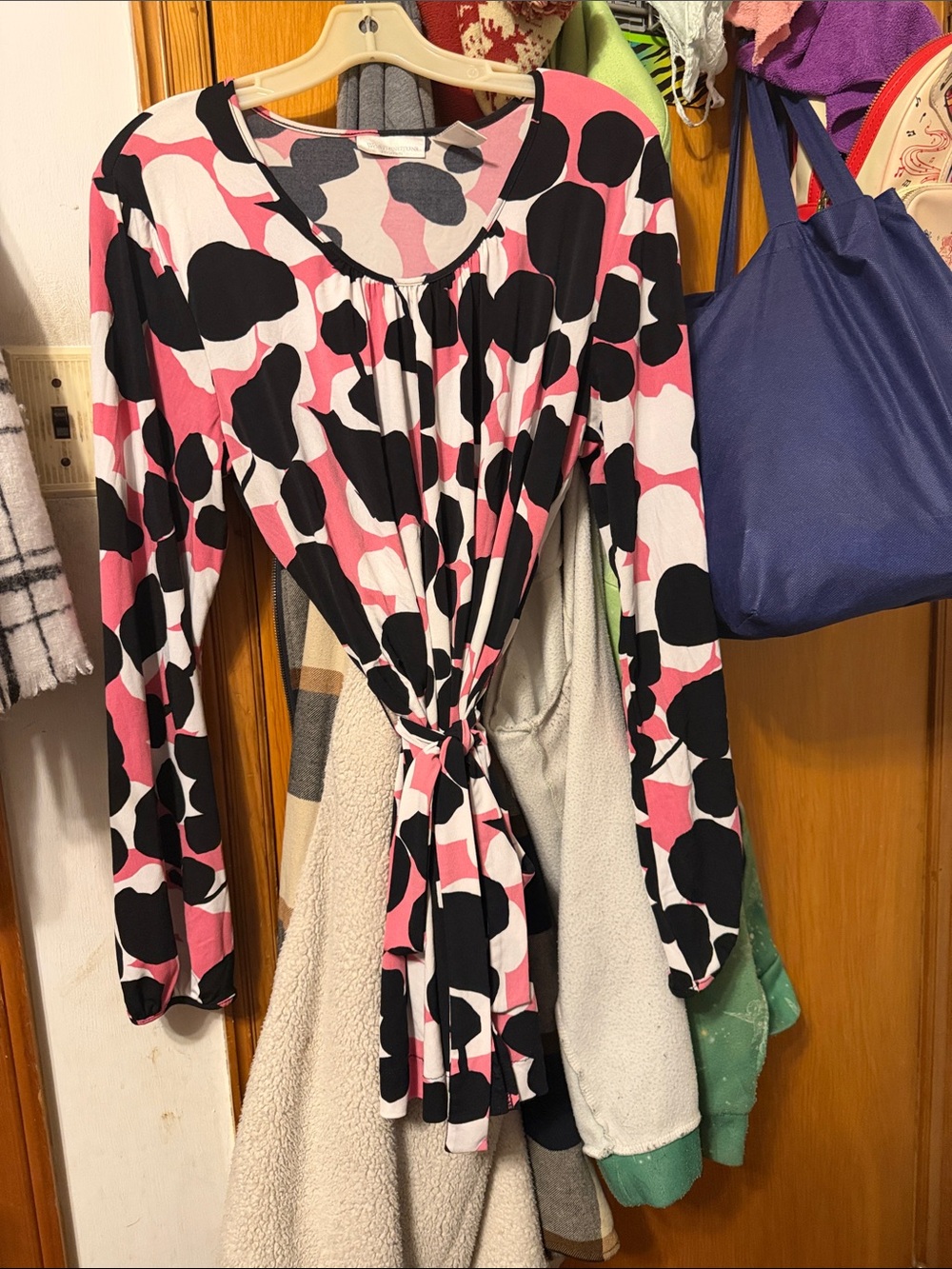 Worthington Pink, Black & White Tie-Front Long Sleeve Blouse